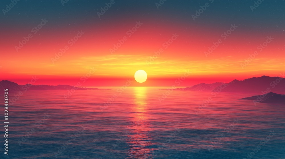 Serene sunset over the ocean with mountains in the distance, painted in colorful hues, perfect for a peaceful background Serene sunset over the ocean with mountains in the distance, painted in colorful hues, perfect for a peaceful background
