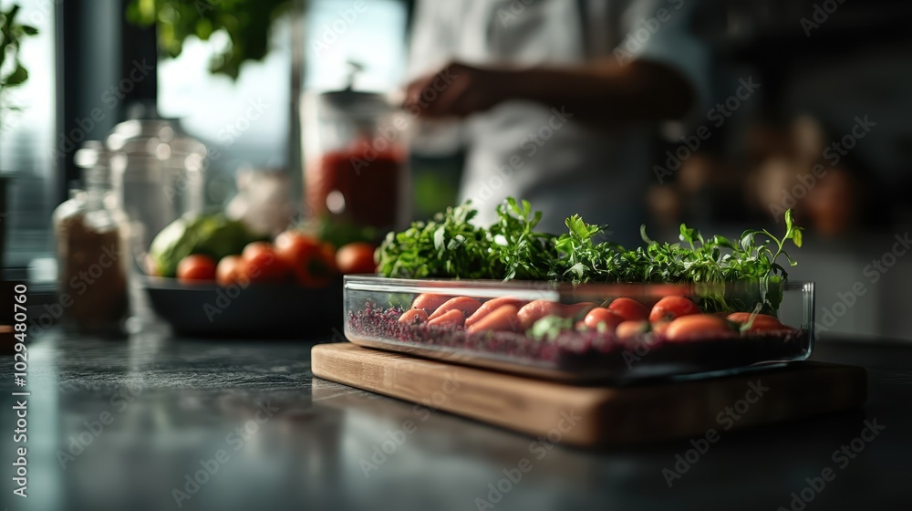 A glass dish of vegetables, including tomatoes and herbs, sits on the kitchen counter as a person in the background prepares ingredients by the window. A glass dish of vegetables, including tomatoes and herbs, sits on the kitchen counter as a person in the background prepares ingredients by the window.
