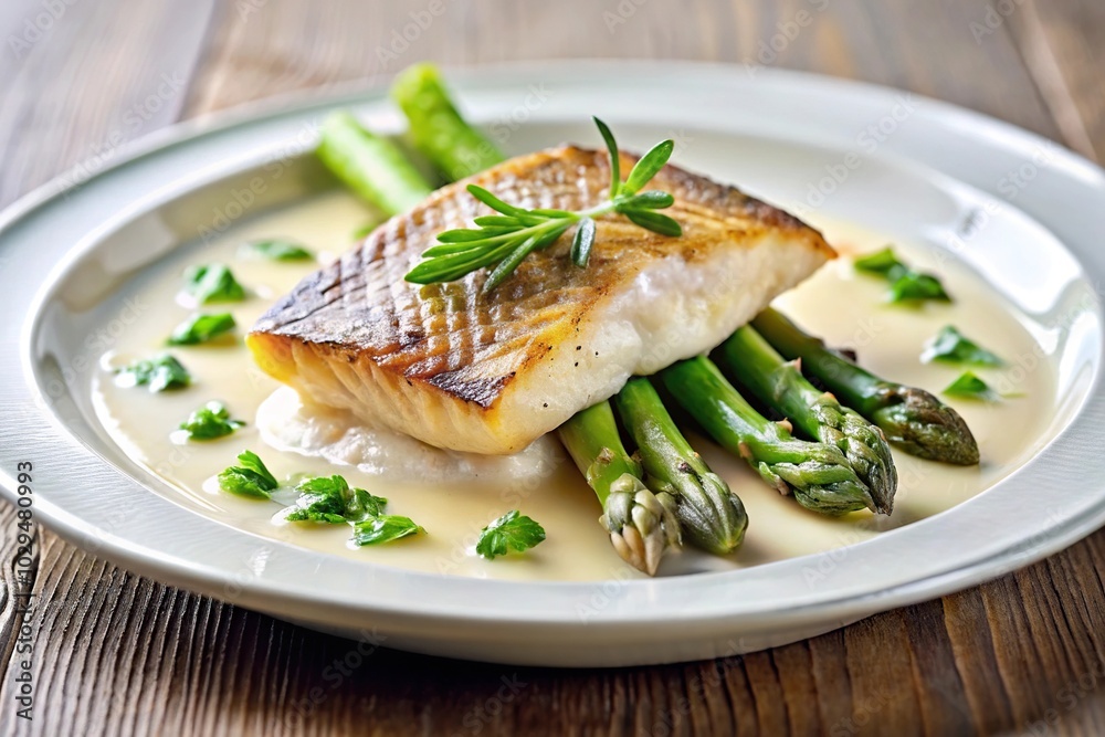 Plate of barramundi and asparagus with veloute sauce on low angle Plate of barramundi and asparagus with veloute sauce on low angle