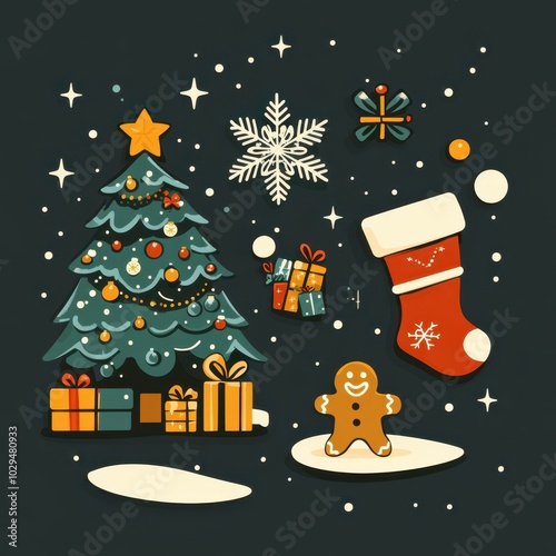 Wallpaper Mural Festive Christmas scene with decorated tree, gifts, stocking, and gingerbread man on a snowy background. Torontodigital.ca