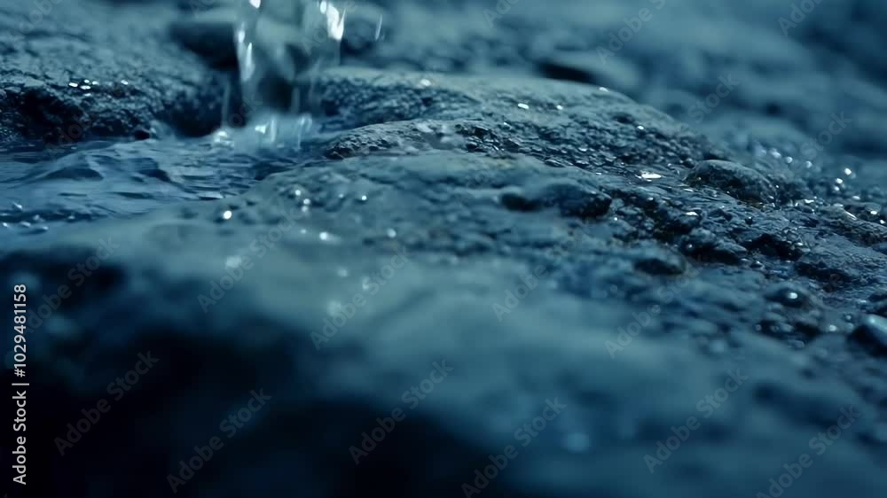 Water gently cascades over smooth rocks, creating a small, bubbling waterfall with a dark blue hue contrasting the earthy tones, reflecting the surrounding mountain landscape Water gently cascades over smooth rocks, creating a small, bubbling waterfall with a dark blue hue contrasting the earthy tones, reflecting the surrounding mountain landscape