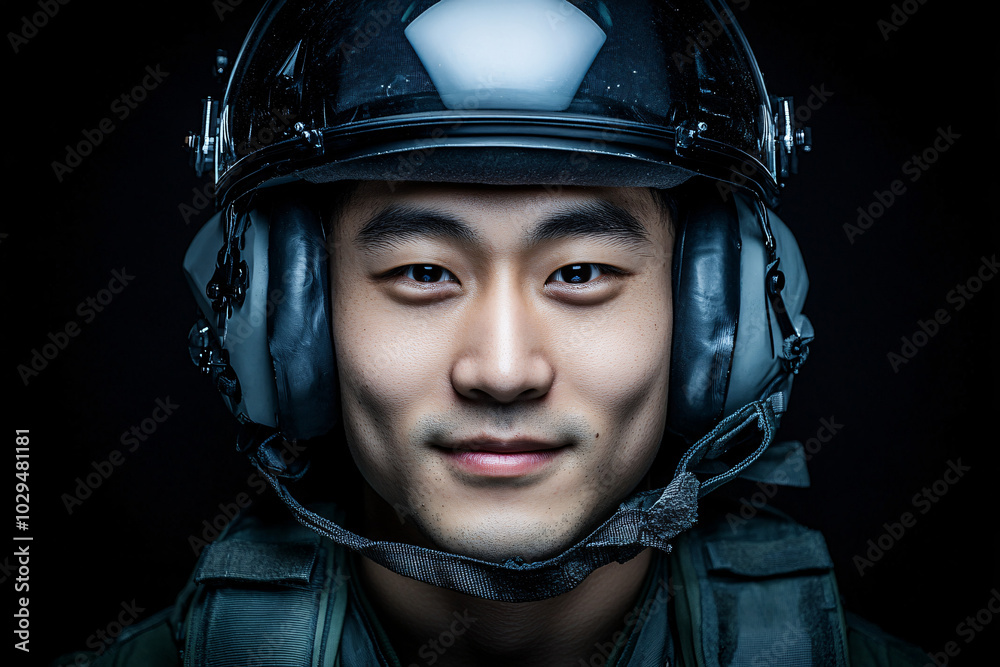 Portrait of a smiling asian soldier in a helmet and tactical gear with soft lighting emphasizing facial features against a dark background
Portrait of a smiling asian soldier in a helmet and tactical gear with soft lighting emphasizing facial features against a dark background