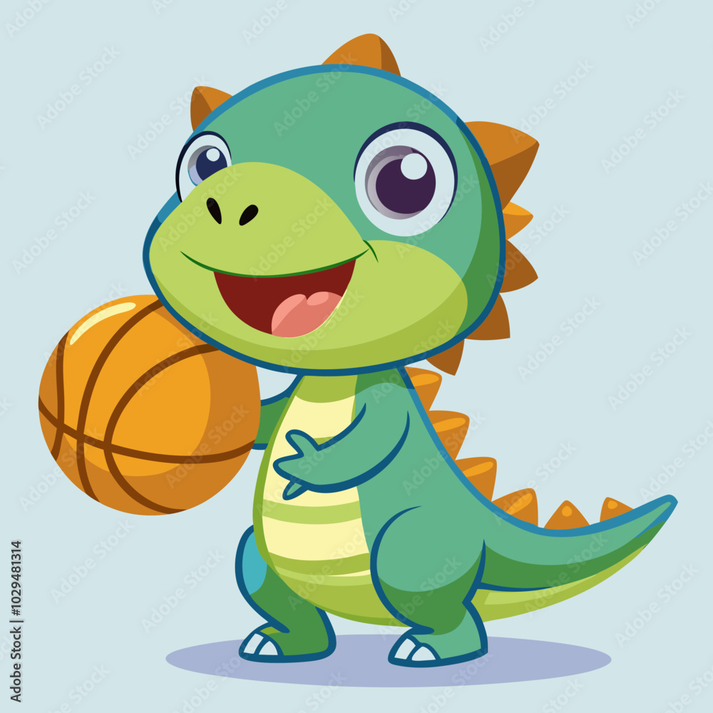 Fototapeta premium draw a baby dinosaur character playing basketball,