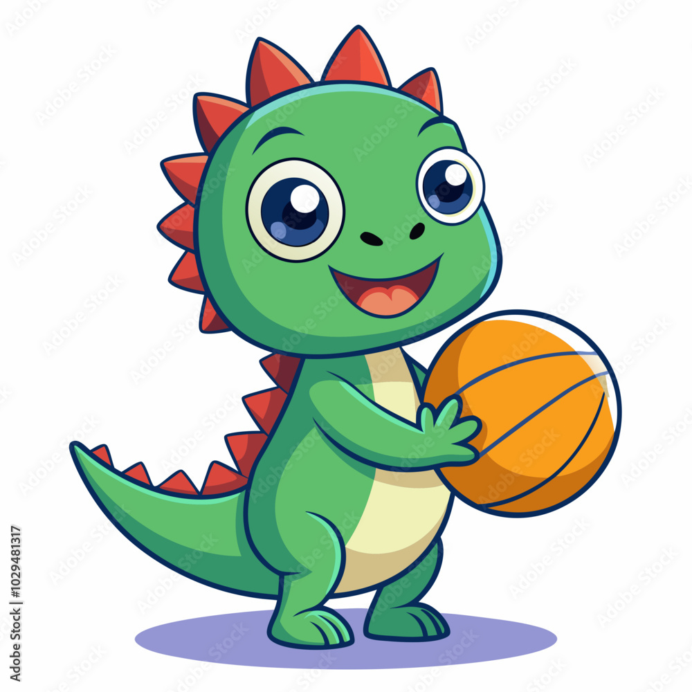 Fototapeta premium draw a baby dinosaur character playing basketball, 