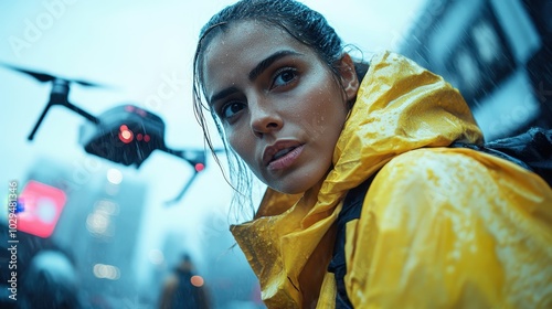 An alert female in a bright yellow raincoat glances over her shoulder in a rainy city, capturing a moment of awareness and the embrace of modern technology. photo