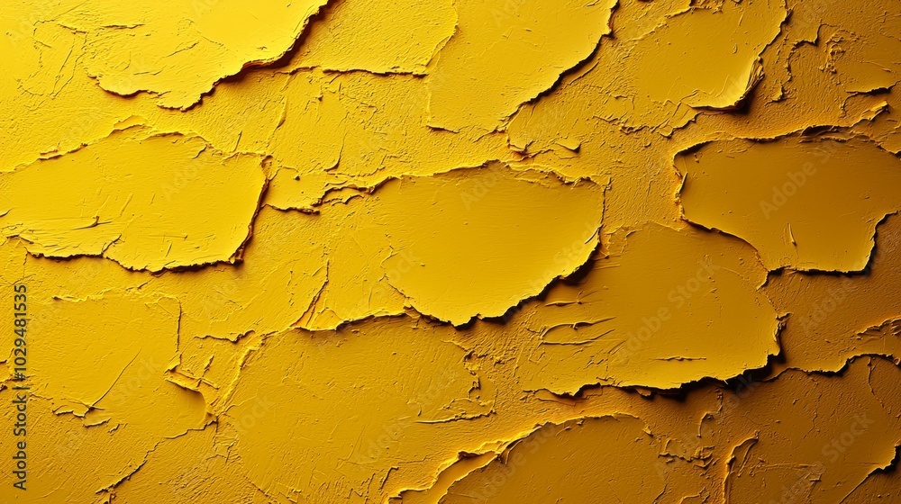 Yellow painted wall is cracking creating a network of fissures, illuminated with dramatic light, perfect for backgrounds