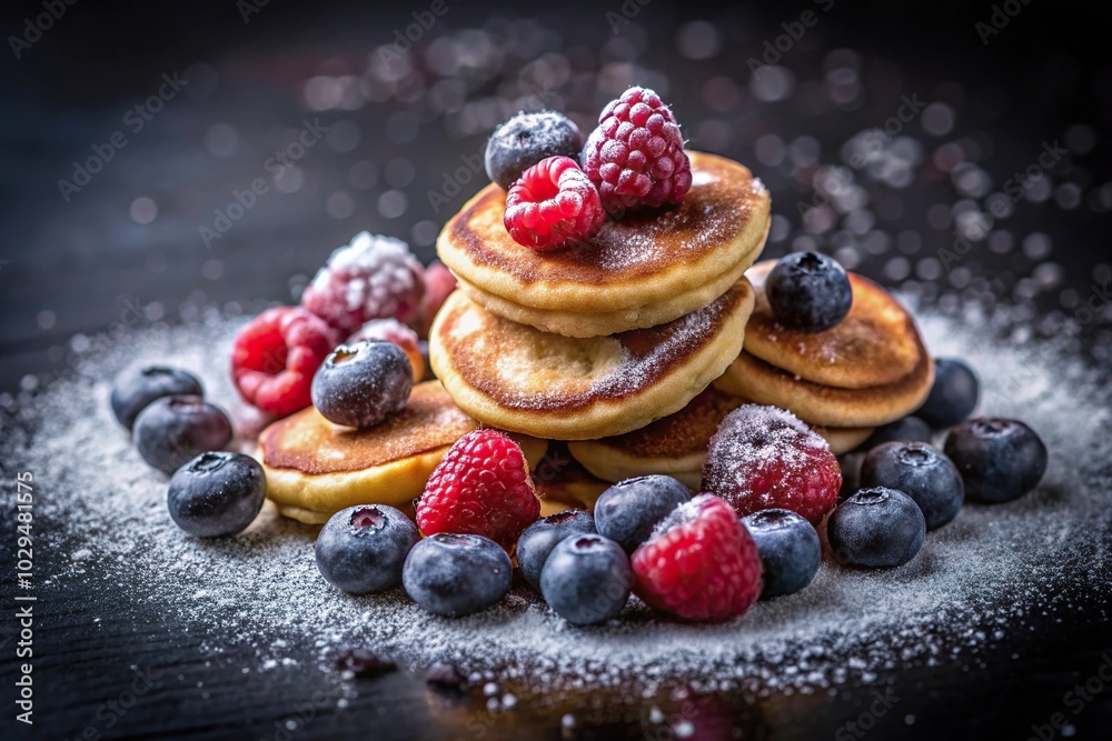Pancakes poffertjes with blueberries, raspberries, sugar, and silhouette