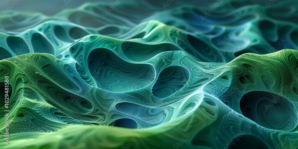 Fototapeta premium Futuristic green wave-like 3D texture with smooth, flowing shapes, perfect for modern, technology-inspired designs or digital artwork.