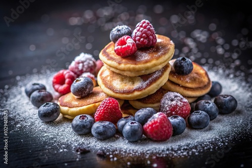Obraz na płótnie Pancakes poffertjes with blueberries, raspberries, sugar, and silhouette w salonie
