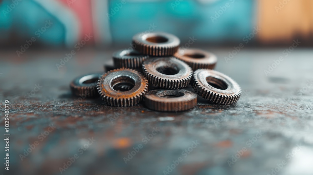 A stack of metal washers sits on a colorful, industrial-style table. The vibrant backdrop enhances the washers' sleek design and evokes themes of industry and artistry. A stack of metal washers sits on a colorful, industrial-style table. The vibrant backdrop enhances the washers' sleek design and evokes themes of industry and artistry.