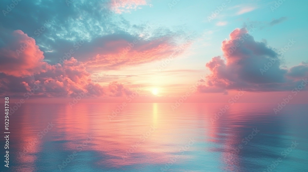 The sun sets, casting warm light on the ocean, reflecting the pastel sky. A serene mix of colors creates a breathtaking view, perfect for summer or romance The sun sets, casting warm light on the ocean, reflecting the pastel sky. A serene mix of colors creates a breathtaking view, perfect for summer or romance