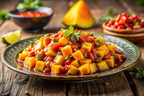 Plate of chopped mango with Mexican chamoy sauce and blurry background