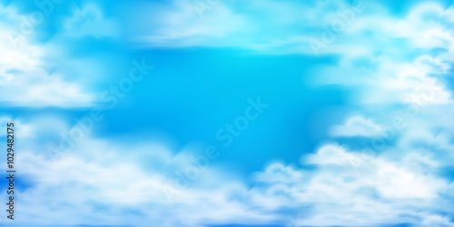 White clouds on blue background. Sky concept. Peaceful horizontal banner. Stock vector illustration in realistic style.