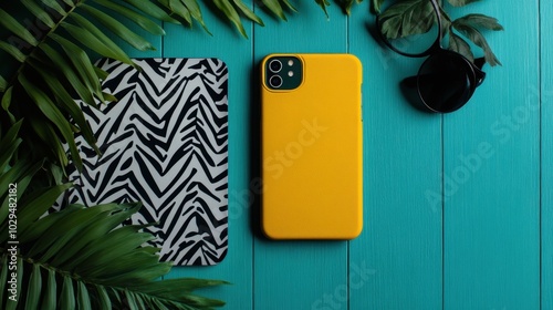 A yellow smartphone sits on a turquoise table, accompanied by tropical foliage and a zebra-patterned notebook, creating a vibrant, modern aesthetic mix.