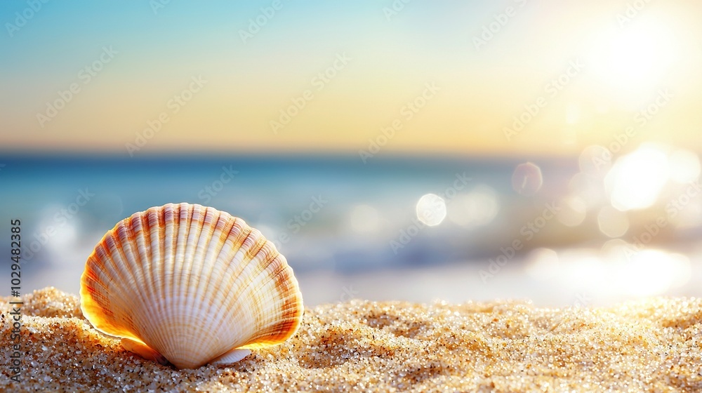  A seashell on a sandy beach under a bright sun, with a blurry beach scene in the foreground