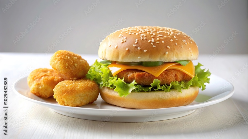 Plate of food with hamburger and chicken nuggets on white background Plate of food with hamburger and chicken nuggets on white background