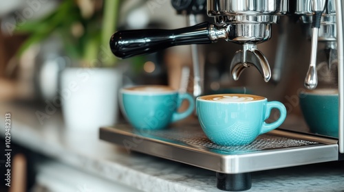 Two turquoise cups filled with coffee sit on a shiny espresso machine tray, capturing a blend of modern style and urban kitchen vibes in a close-up view.