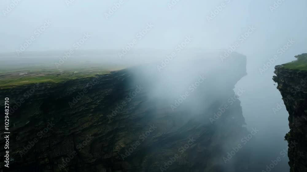Thick fog envelops rugged cliff, hiding ocean view on moody day. Green grass adds to atmospheric scene with looming clouds. Capturing wild beauty, evoking peaceful adventure in Thick fog envelops rugged cliff, hiding ocean view on moody day. Green grass adds to atmospheric scene with looming clouds. Capturing wild beauty, evoking peaceful adventure in