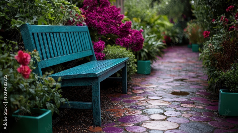 A vivid garden path lined with lush, vibrant flowers and a teal wooden bench, creating a picturesque setting that exudes charm and natural beauty.