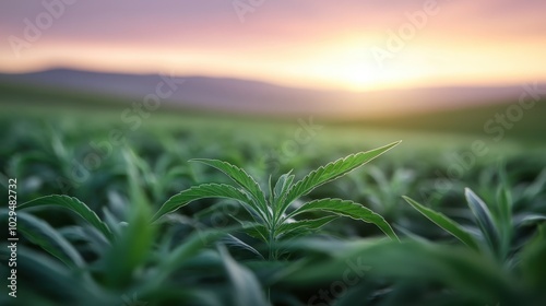 A single lush cannabis plant stands prominently in a field, highlighted against the backdrop of a calming sunset, capturing an essence of natural beauty and tranquility. photo