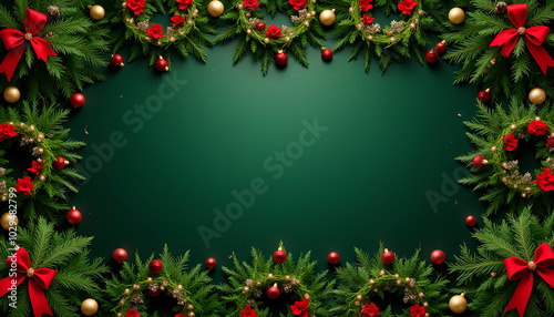 Christmas wreath decoration with red ribbons and ornaments on a green background, festive composition