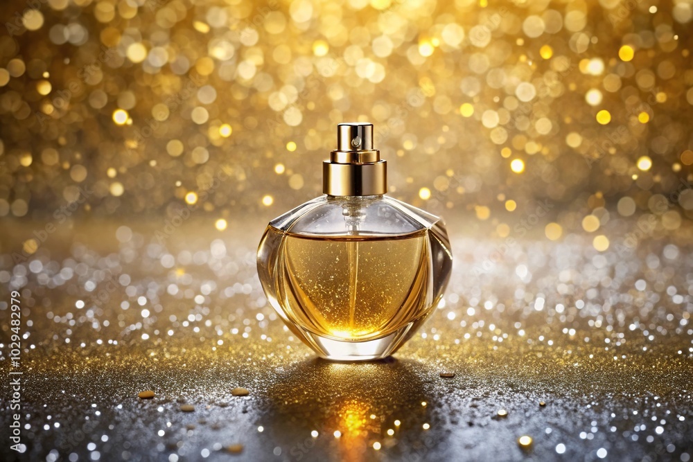 Symmetrical fluid golden perfume with flowing sparkles and magical glitter on silver background Symmetrical fluid golden perfume with flowing sparkles and magical glitter on silver background