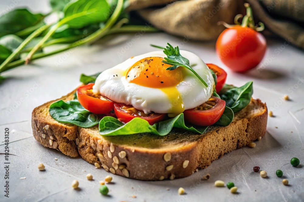 Plate of poached egg on bread with spinach leaves and tomatoes against white wall at tilted angle Plate of poached egg on bread with spinach leaves and tomatoes against white wall at tilted angle