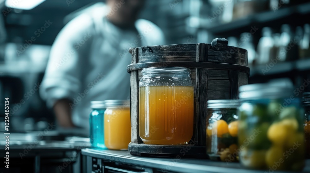 In a bustling kitchen, a variety of colorful jars, including a wooden topped barrel, are displayed in the foreground as a chef works in the background. In a bustling kitchen, a variety of colorful jars, including a wooden topped barrel, are displayed in the foreground as a chef works in the background.