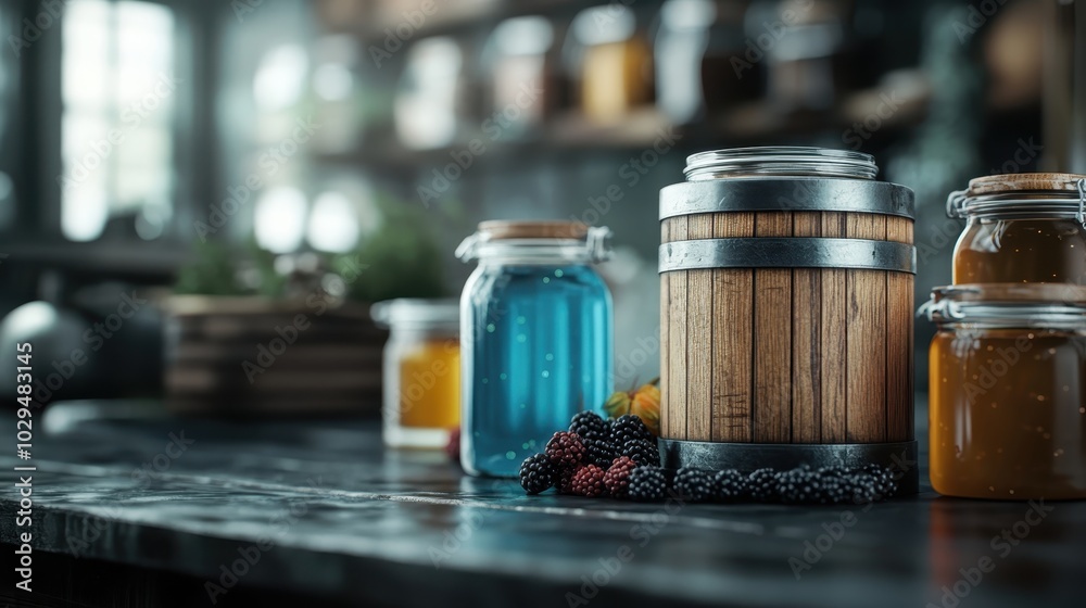 A rustic wooden barrel surrounded by colorful jars, filled with vibrant liquids and fruits, set on an artisan table in a cozy kitchen environment.