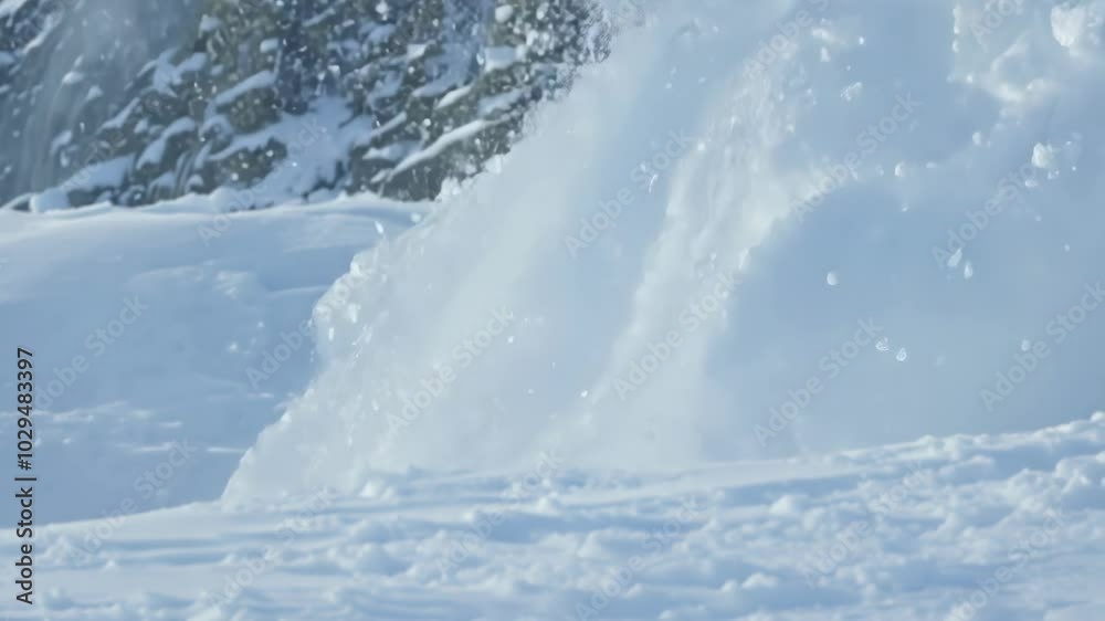 Powerful snow cannon is blowing a thick cloud of fresh powder snow onto a pristine ski slope, covering the ground in a blanket of white Powerful snow cannon is blowing a thick cloud of fresh powder snow onto a pristine ski slope, covering the ground in a blanket of white