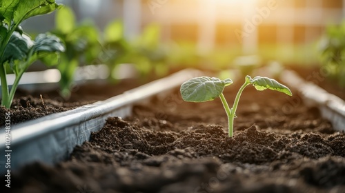 An image capturing an emergent plant basking in the warm glow of morning sunshine within garden rows, expressing vitality and hope in its lush green leaves.