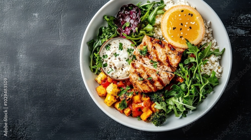 A fresh salad bowl featuring a mix of leafy greens, quinoa, and grilled chicken slices, enhanced with dressing, offering a balanced and tasty meal option. A fresh salad bowl featuring a mix of leafy greens, quinoa, and grilled chicken slices, enhanced with dressing, offering a balanced and tasty meal option.