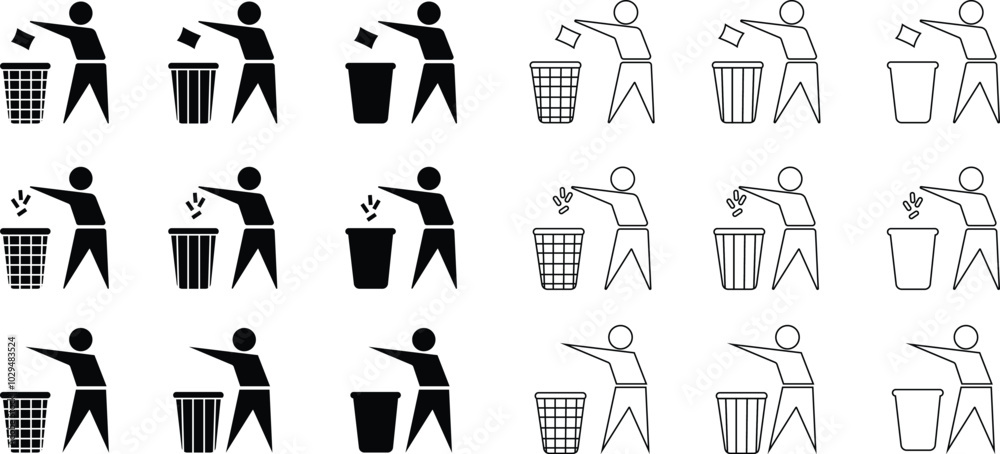 Recycling bins with tidy person icon set waste disposal for metal glass paper and plastic concept of waste sorting. Black flat and line vector collection isolated on transparent background background. Recycling bins with tidy person icon set waste disposal for metal glass paper and plastic concept of waste sorting. Black flat and line vector collection isolated on transparent background background.