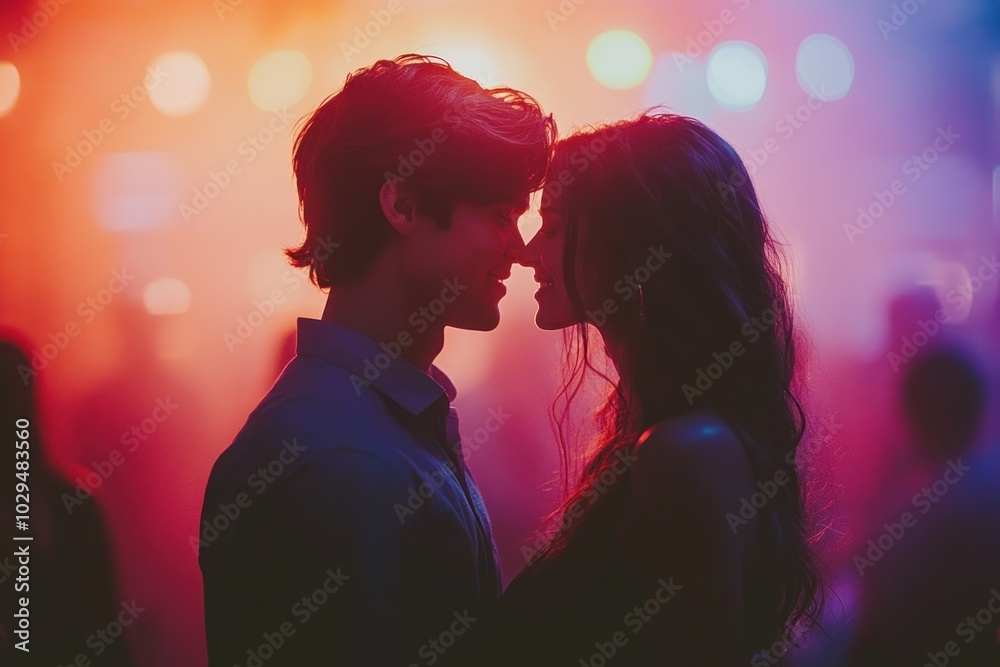 A romantic silhouette of a couple sharing an intimate moment at a vibrant party. A romantic silhouette of a couple sharing an intimate moment at a vibrant party.