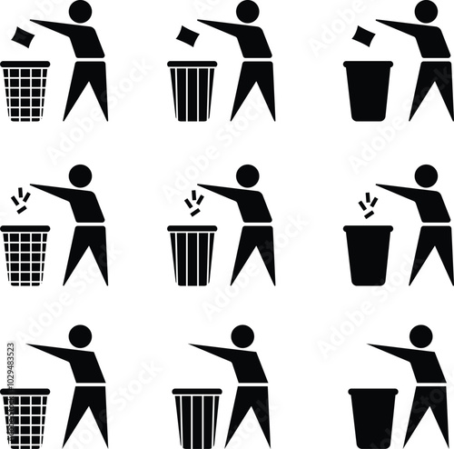 Recycling bins with tidy person icon set waste disposal for metal glass paper and plastic concept of waste sorting. Black flat  vector collection isolated on transparent background background.