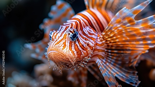 A lionfish flaunts its fan-like pectoral fins, creating an awe-inspiring and vibrant appearance, a breathtaking sight captured in its natural habitat. photo