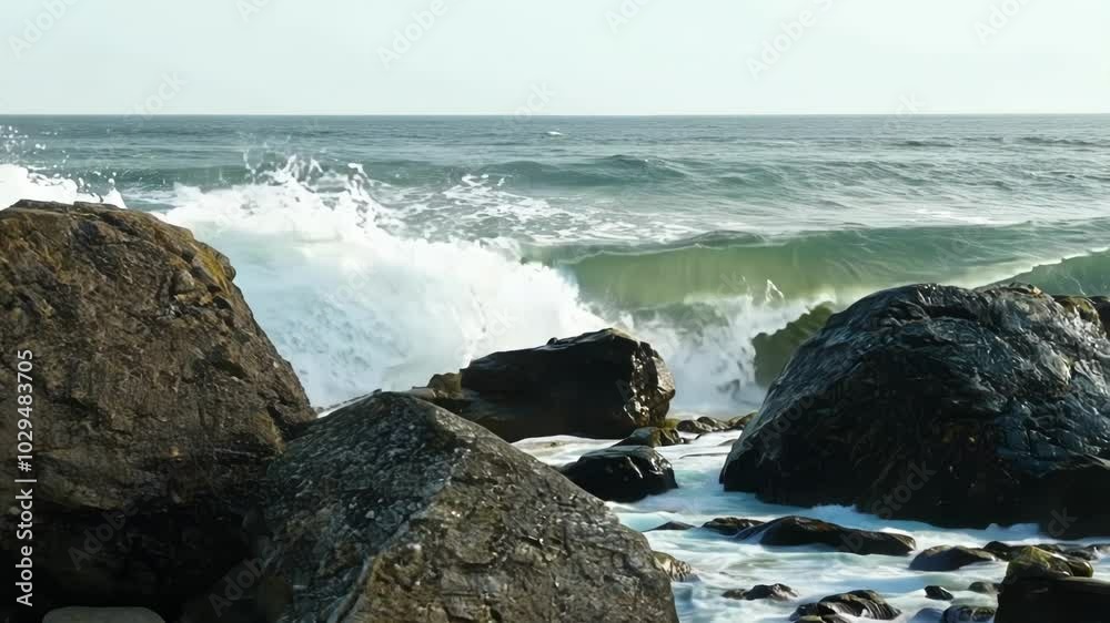 Experience the mesmerizing power of ocean waves crashing against rocks on a beautiful beach, creating sea foam and bubbles. Perfect for capturing summer vibes and outdoor adventures Experience the mesmerizing power of ocean waves crashing against rocks on a beautiful beach, creating sea foam and bubbles. Perfect for capturing summer vibes and outdoor adventures