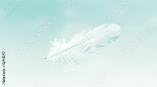  White feather drifting against azure backdrop and fluffy cloud upfront