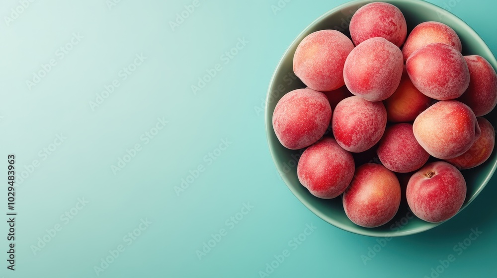 A bowl brimming with ripe, fuzzy peaches rests on a soft teal background, radiating freshness and simplicity, promising a taste of summer fruit delight. A bowl brimming with ripe, fuzzy peaches rests on a soft teal background, radiating freshness and simplicity, promising a taste of summer fruit delight.