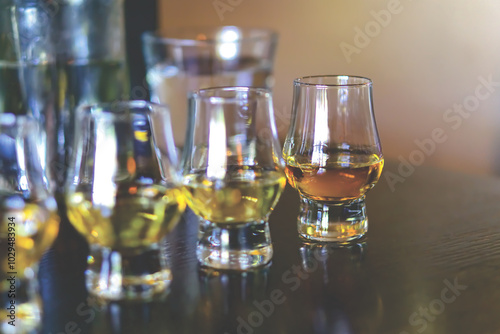 Close up short of a single malt whisky glass tasting, Selective focus