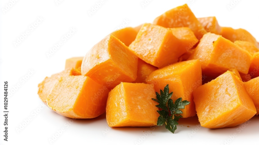 A visually appealing image showcasing diced pieces of pumpkin elegantly garnished with parsley leaves, set against a clean white background, highlighting culinary art. A visually appealing image showcasing diced pieces of pumpkin elegantly garnished with parsley leaves, set against a clean white background, highlighting culinary art.