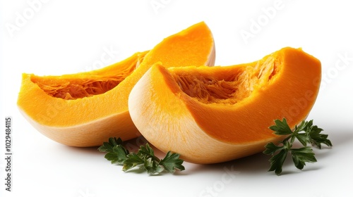 Two fresh pumpkin slices are artistically arranged with sprigs of parsley on a stark white background, emphasizing their vibrant orange hue and fresh appearance. photo