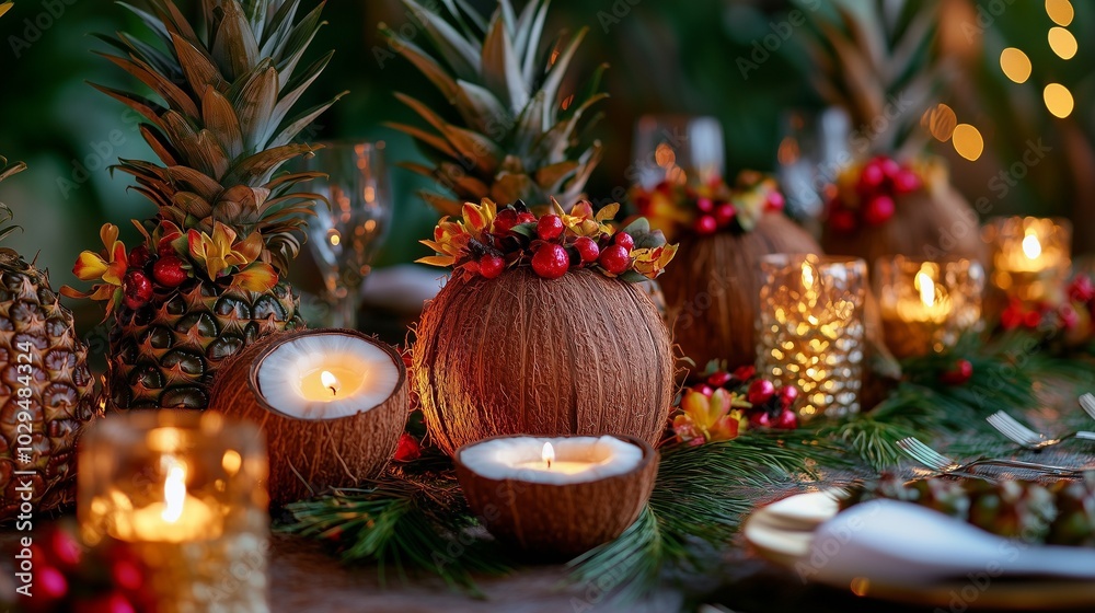 A festive New Year's table decorated with tropical arrangements of coconuts, pineapples and candles, surrounded by tropical flowers, adding a touch of exoticism to the holiday. A festive New Year's table decorated with tropical arrangements of coconuts, pineapples and candles, surrounded by tropical flowers, adding a touch of exoticism to the holiday.