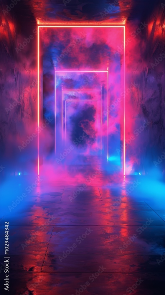 Vibrant neon lit corridor with fog creating an atmospheric effect in an urban setting