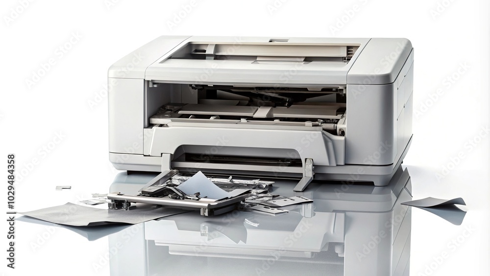 Reflected broken printer on white background