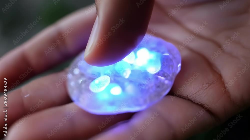 Captivating hand holds glowing blue resin art piece, creating magical effect. Innovative design evokes wonder and awe, showcasing vibrant colors and mysterious shapes Captivating hand holds glowing blue resin art piece, creating magical effect. Innovative design evokes wonder and awe, showcasing vibrant colors and mysterious shapes