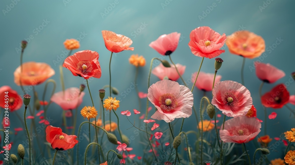 Vibrant pink and coral poppies lined against a soft blue background in a spring arrangement Vibrant pink and coral poppies lined against a soft blue background in a spring arrangement