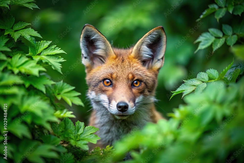 Fototapeta premium Symmetrical red fox peeking through dense foliage in green forest bush