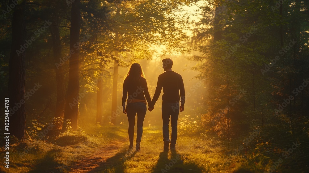 A couple walking hand-in-hand through a vibrant forest during sunset.