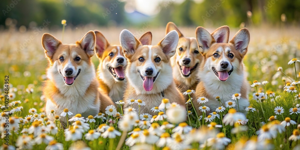 playful corgis frolicking in field of wildflowers with fluffy coats bouncing